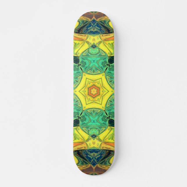 Skate Mosaico Mandala Flor Verde Amarelo Azul e Laranja (Frente)