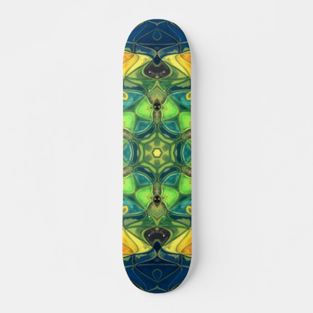 Skate Mosaico Mandala Flor Verde Amarelo e Azul (Frente)