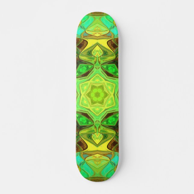 Skate Mosaico Mandala Flor Verde Azul e Amarelo (Frente)