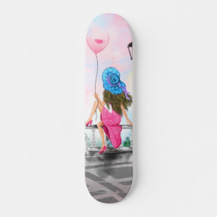 Skate Mulher bonito e Balão de Coração Rosa - Eu Amo 
