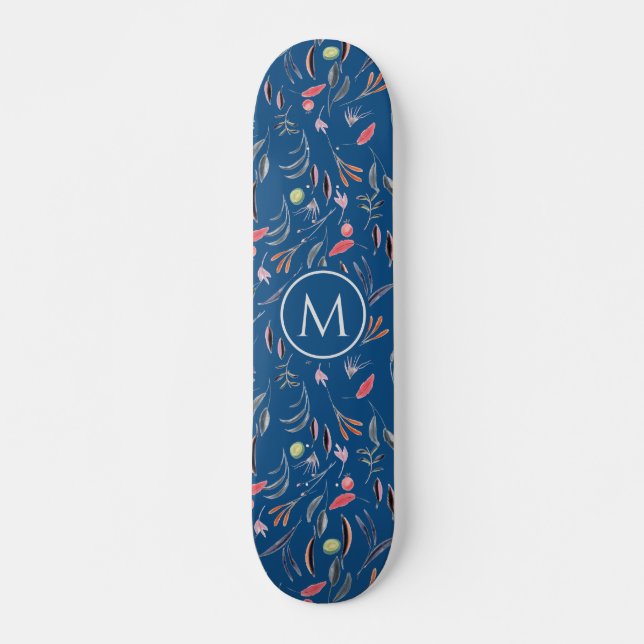 Skate Na moda Azul Floral Watercolor MONOGRAM (Frente)