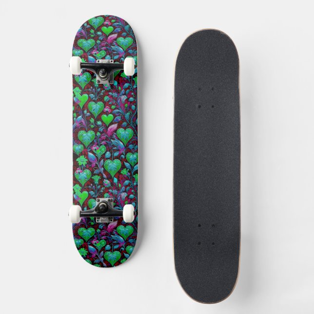 Skate Neon Green Heart and Purple Floral (Frente)