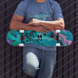 Skate Nome do Monograma de Abstrato de Fluido Preto-Rosa
