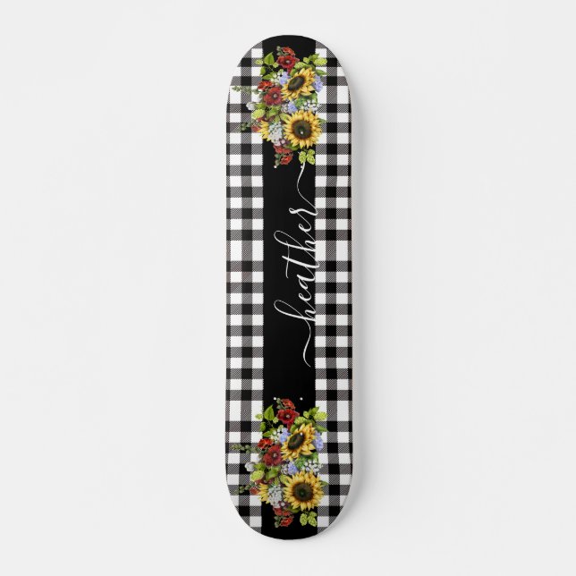 Skate nome manuscrito de girassol preto e branco de búfa (Frente)