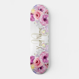 Skate Nome Monograma Elegante Floral Cor-de-Rosa Colorid