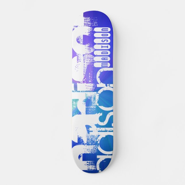 Skate Nome Personalizado; Branco e Abstrato Roxo, Verde, (Frente)