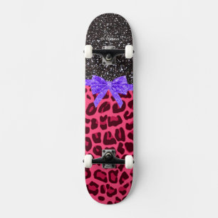 Skate Nome personalizado cinza escura arco-leopardo rosa