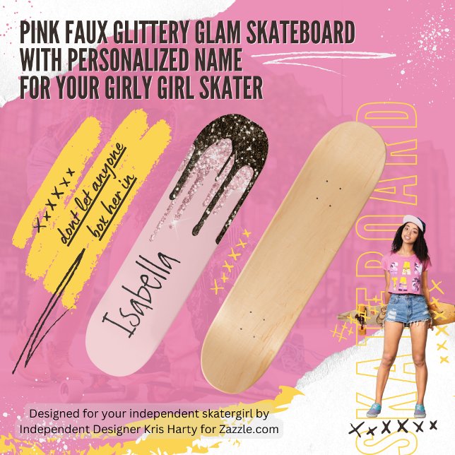 Skate Nome Personalizado de Girly Sparkle Girly Girly Gl (Girl power for your authentic skatergirl with this personalized pink skateboard with faux glitter.)