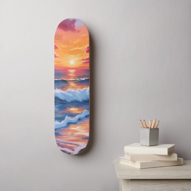 Skate Ocean Sunset Beach Waves Watercolor (Arte de parede)