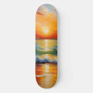 Skate Óleo Pintura do pôr do sol laranja sobre o oceano