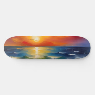 Skate Óleo Pintura do pôr do sol laranja sobre o oceano