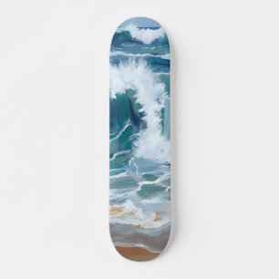 Skate Ondas do Oceano em Fúria Aquarela Azul Costeira