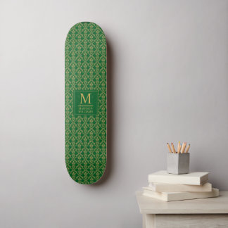 Skate Padrão Damask Seamless Verde Esmeralda e Dourado