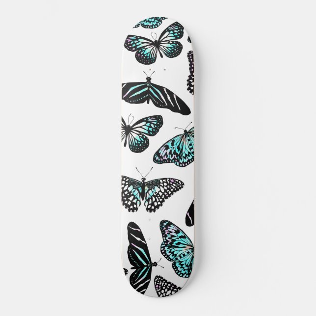 Skate Padrão de Aqua Teal Black Butterflies Watercolor (Frente)