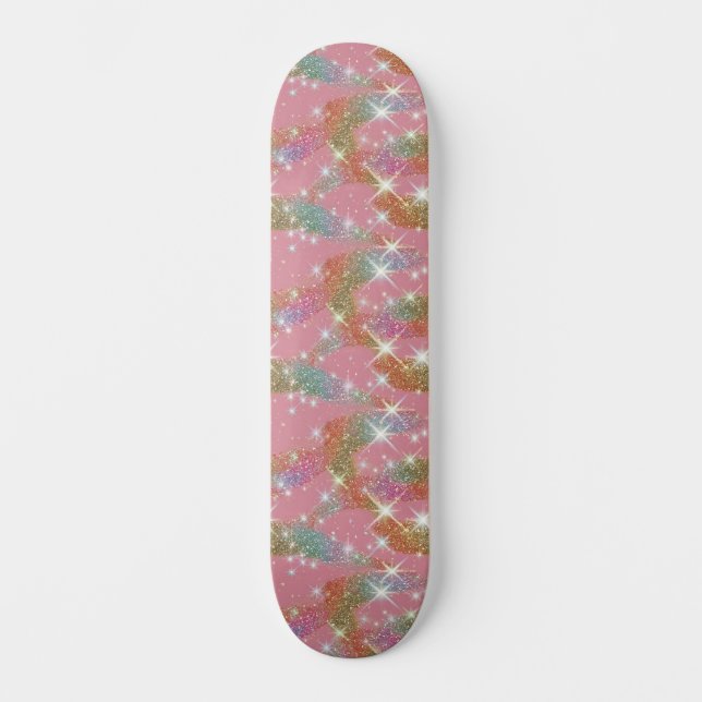 Skate Padrão de Brilho Falso Arco-íris Rosa (Frente)