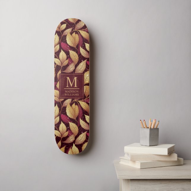 Skate Padrão de Folhas de Outono com Brilho Dourado e Ma (Arte de parede)