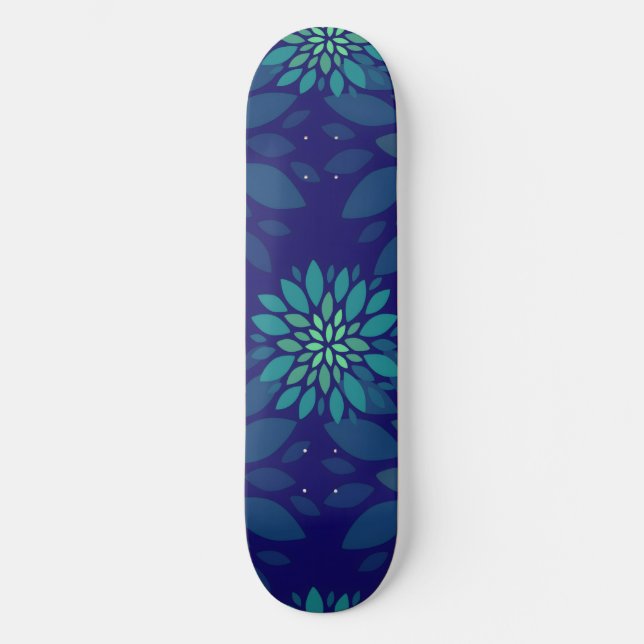 Skate Padrão de Folhas Florais Azul e Verde Marinho Mode (Frente)