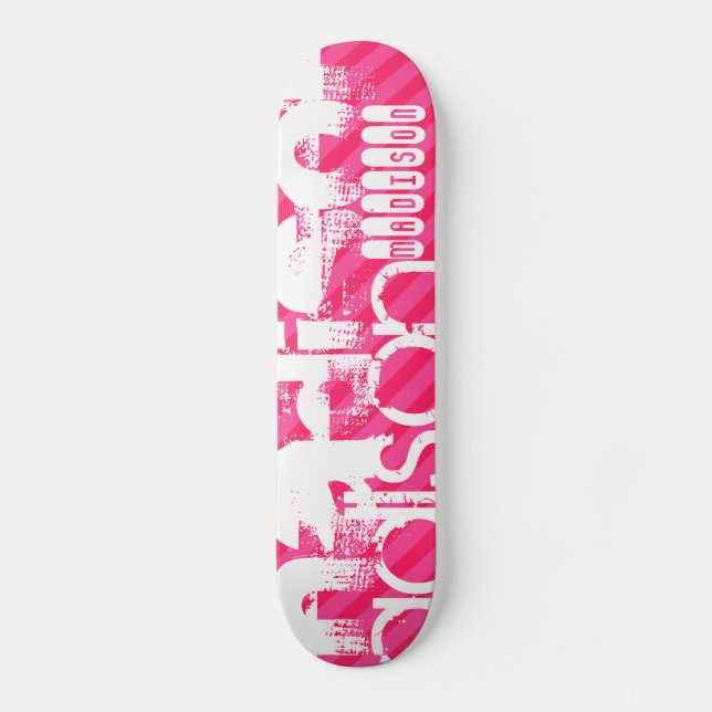Skate Padrão de Nome Branco Personalizado em Strips Rosa (Frente)