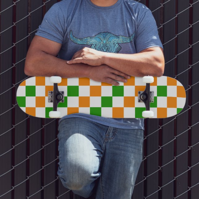 Skate Padrão de xadrez laranja branco verde Design  (Ao ar livre 3)