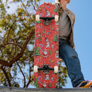 Skate Padrão Decorativo de Natal com Fundo Vermelho