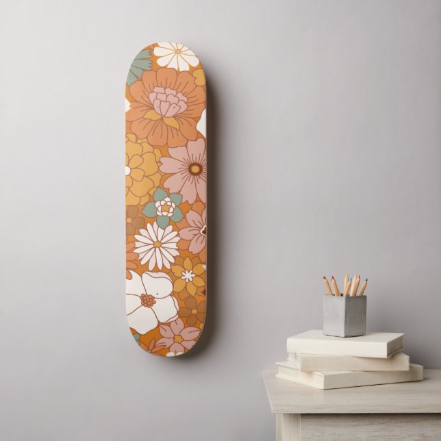 Skate Padrão Floral do Estilo Retro Laranja Hippie Boho  (Arte de parede)