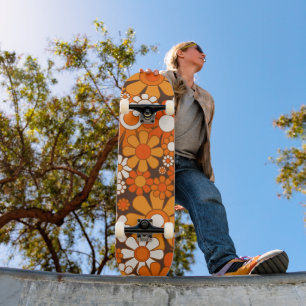 Skate Padrão Floral Retro Groovy dos Anos 70 Laranja e M