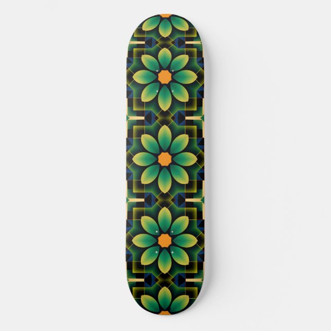 Skate Padrão Geométrico Floral Verde e Amarelo (Frente)