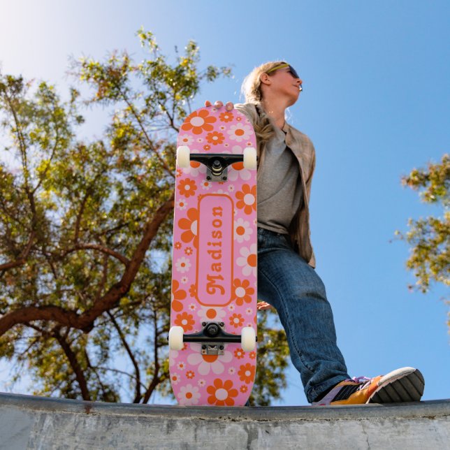 Skate Padrão Retro de Margarida Laranja Rosa Nome (Ao ar livre 1)