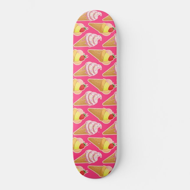Skate Padrão rosa Kawaii com sorvete de morango (Frente)
