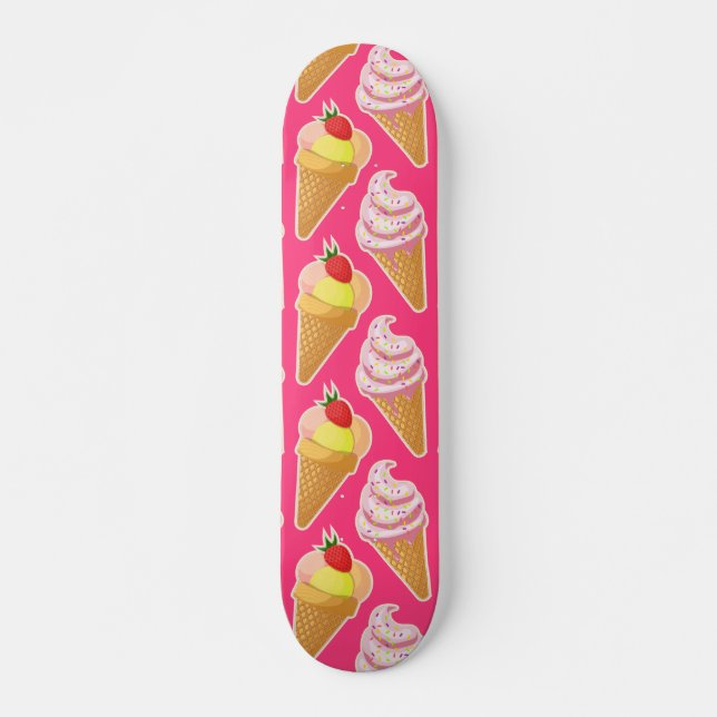 Skate Padrão rosa Kawaii com sorvete de morango (Frente)