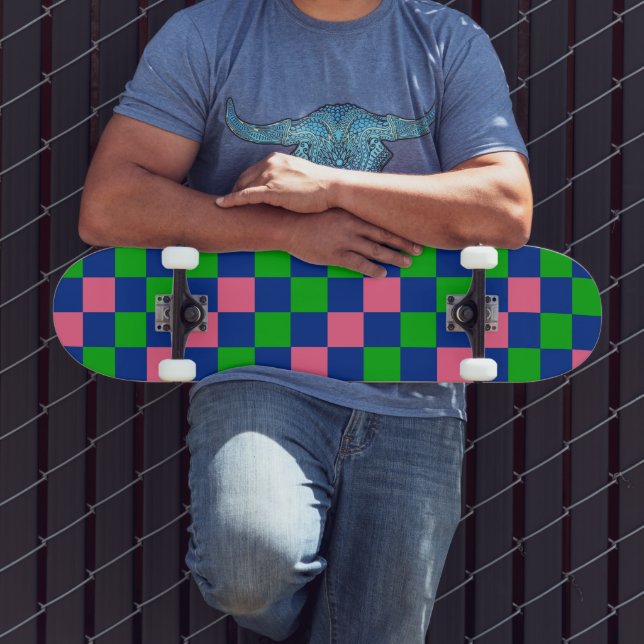 Skate Padrão Xadrez Azul Verde Rosa Design  (Ao ar livre 3)