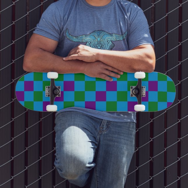 Skate Padrão Xadrez Azul Verde Roxo Design  (Ao ar livre 3)