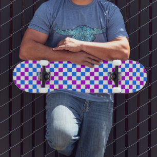 Skate Padrão Xadrez Roxo Azul e Branco 