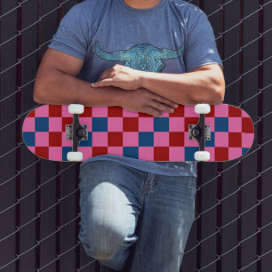 Skate Padrão Xadrez Vermelho Rosa Azul Design 