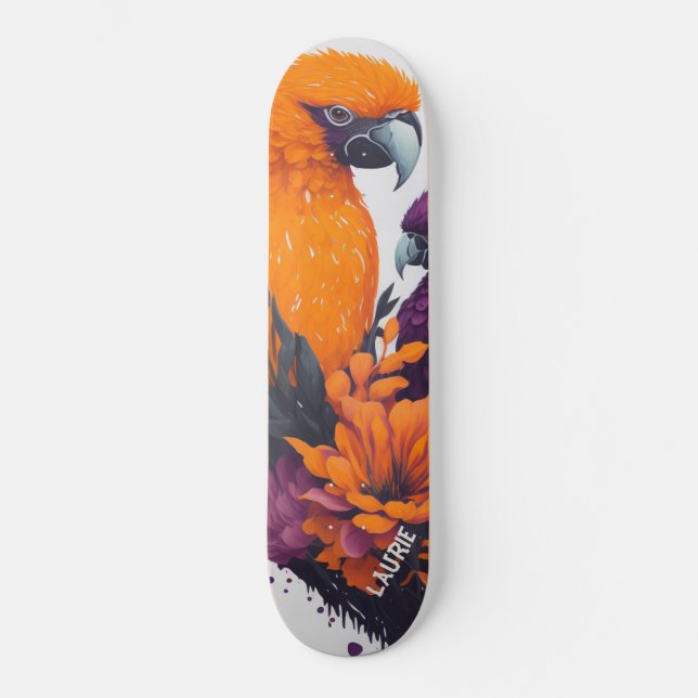 Skate Papagaio exótico laranja personalizável com flores (Frente)