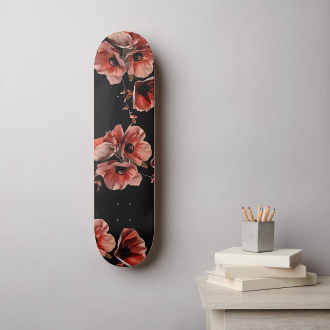 Skate Papoulas Vermelhas Flores Pretas (Arte de parede)