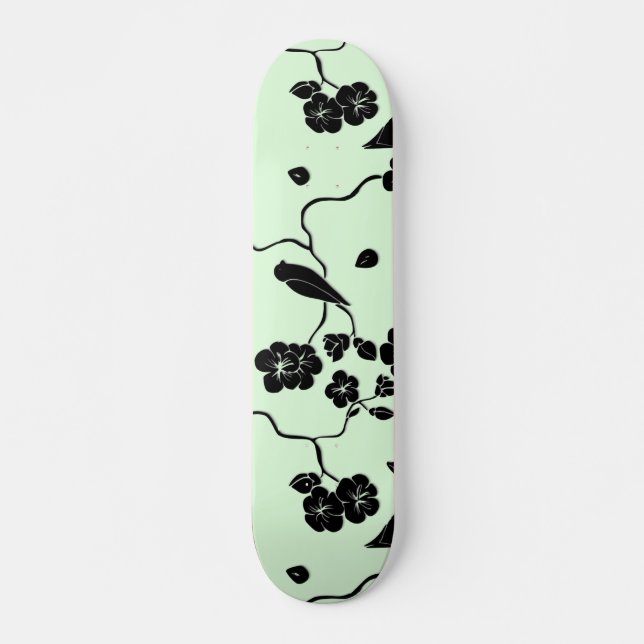 Skate Pássaros com flores de cereja pretas em verde-mint (Frente)
