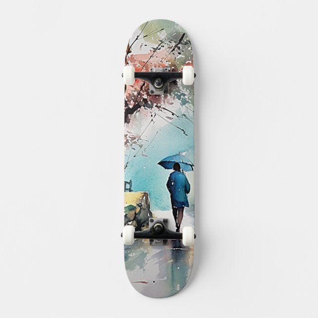 Skate Patineta con Mujer Bajo la Lluvia en Arte Acuarela (Frente)