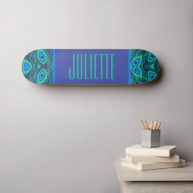 SKATE PEACOCK PENA PADRÃO TEAL VERDE AZUL COM NOME (Arte de parede (Horz))