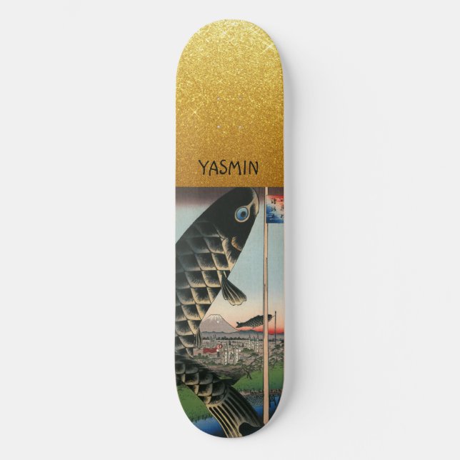 Skate Peixe de Arte Asiático Personalizado Dourado (Frente)
