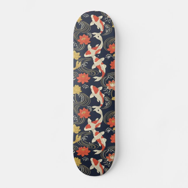 Skate Peixe Koi Elegante e Padrão de Lótus (Frente)