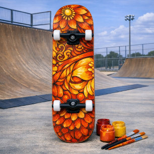 Skate Pintura Floral Preta e Branca em seu próprio Deck