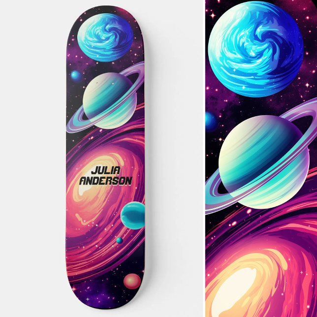 Skate Planetas Universos Cósmicos Galáxias Rosa e Azul (Cosmic Universe Planets Galaxy Pink & Blue Skateboard)