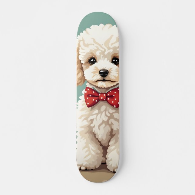 Skate Poodle branco adorável com gravata borboleta (Frente)