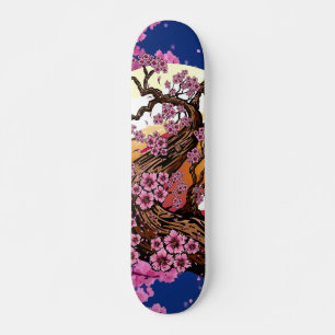 Skate Pôr do Sol Flor de Cerejeira Azul Estética Japones