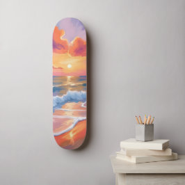 Skate Pôr do Sol Pastel no Oceano | Pintura Colorida da
