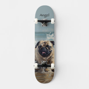 Skate Pug Feliz na Praia personalizável