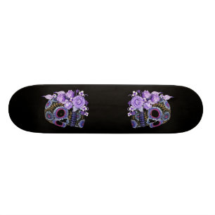Skate Purple Floral Black Sugar Skull Dia Dos Mortos