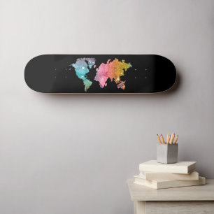 Skate Quadro negro com mapa do mundo do arco-íris - Viag
