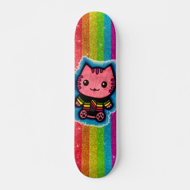 Skate Rainbow Glitter Rosa Kitty Rosa Illusão Óptica Gat (Frente)